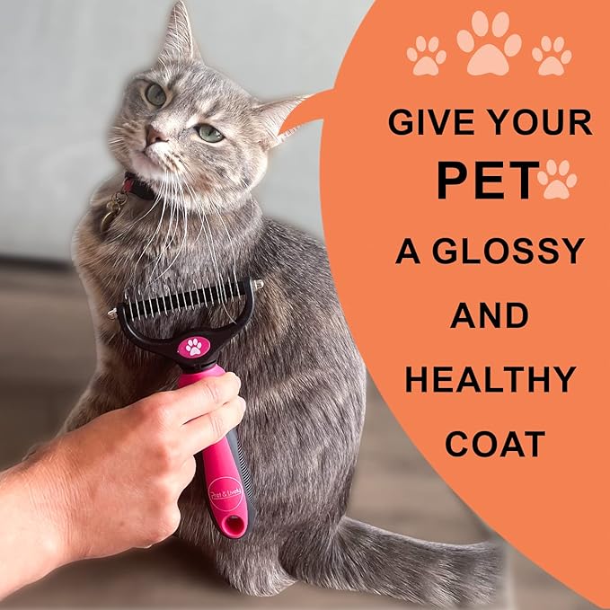 Pret & Lively 2 in 1 Pet Hair Dematting Tool, Tough Mats and Tangles, Undercoat Rake Comb, Dogs, Cats, Rabbits, Hairy Pets, Holiday Gift, Professional Grooming Brush For Deshedding, Extra Wide (Pink)