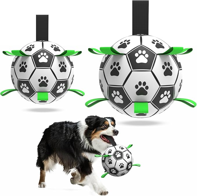 QDAN 2 PCS Dog Toys Soccer Ball Set with Straps, Interactive Dog Toys for Tug of War, Puppy Birthday Gifts, Dog Water Toy, Durable Dog Balls for Medium & Large Dogs(6 & 8 Inch)