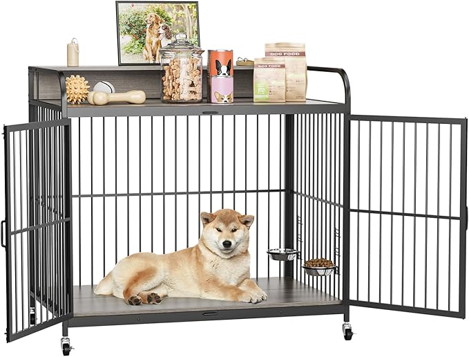 Dog Crate Furniture, Dog Crate Indoor with Adjustable Height Bowls, Wooden Heavy Duty, 39.8 Inch Dog Kennel Furniture for Medium Dogs, 39.8" L X 22.5" W X 38.6" H,Grey