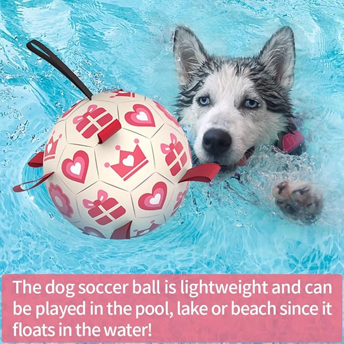 QDAN Pink Dog Toys Soccer Ball with Straps,Interactive Dog Toys for Tug of War,Valentines Gift Puppy Birthday Gifts,Dog Tug Toy,Dog Water Toy,Durable Dog Balls for Medium & Large Dogs(8 Inch)