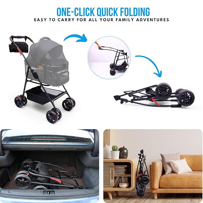 Pet Stroller for Small Dogs with Wheels, Detachable Carrier, Max Load 33 lbs, Easy Folding, Compact Portable, Dog Carriage & Stroller & Car Seat 3 in 1 Animal Stroller