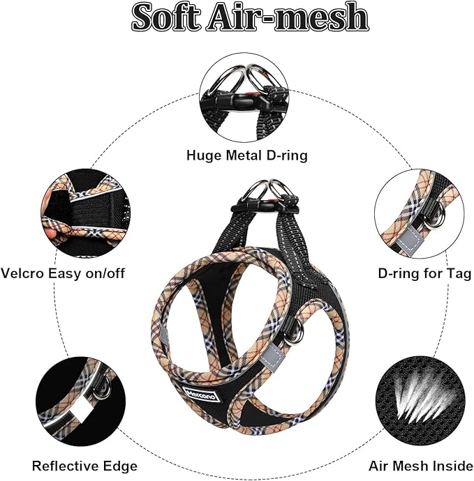 Mercano Soft Mesh Dog Harness and Leash Set, No-Chock Step-in Reflective Breathable Lightweight Easy Walk Escape Proof Vest Harnesses with Safety Buckle for Small Medium Dogs, Cats (Black Yellow, M)