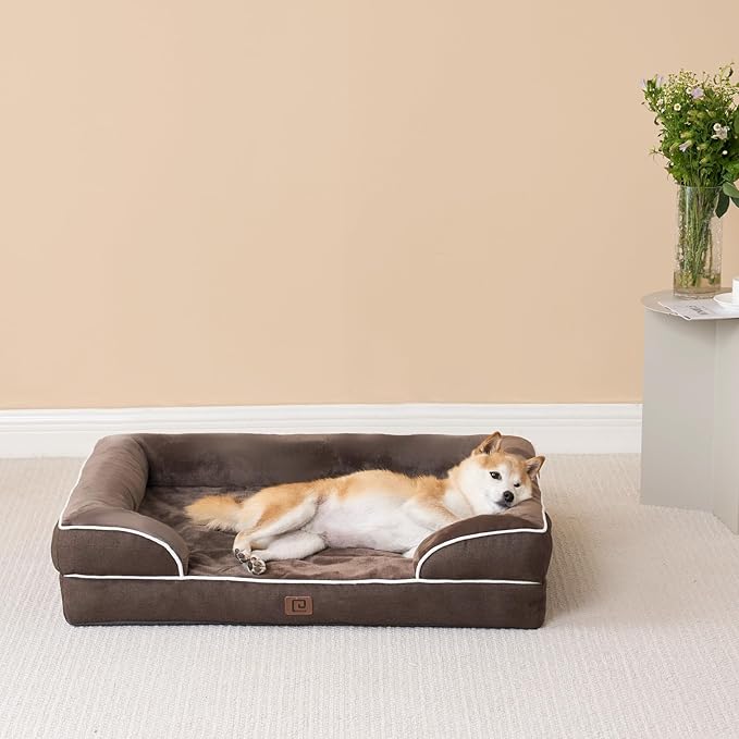 EHEYCIGA Orthopedic Dog Bed for Medium Dogs, Waterproof Memory Foam Medium Dog Beds with Sides, Non-Slip Bottom and Egg-Crate Foam Medium Dog Couch Bed with Washable Removable Cover, Brown