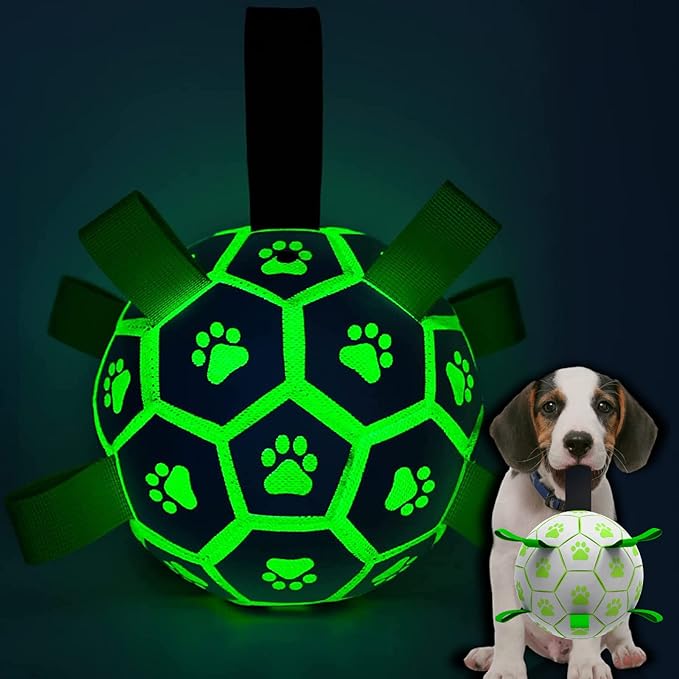 QDAN Glow in The Dark Dog Toys Soccer Ball with Straps, Outdoor Interactive Dog Toys Puppy Birthday Gifts, Dog Tug Water Toy, Light Up Dog Balls for Small & Medium Dogs(6 Inch Size 2)