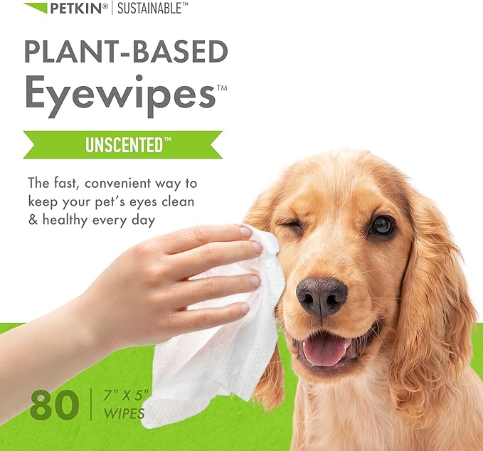 Petkin Plant-Based Eyewipes, 80 Wipes - Biobased & Sustainable Pet Eye Wipes for Dogs & Cats - Cleans Eye Area, Dirt & Tear Stains - Consciously Cleans & Conditions - Easy to Use - Unscented