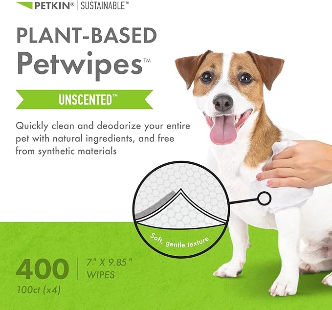 Petkin Plant-Based PetWipes, 100 Wipes, 4 Pack - Biobased, Sustainable, Big & Thick Pet Wipes for Dogs & Cats - for Face, Paws, Ears, Body & Eye Area - Consciously Cleans & Conditions - Unscented