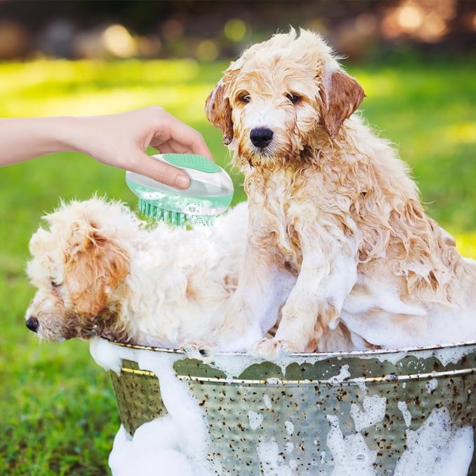WishLotus Pet Bath Brush, Puppy Massage Brush with Shampoo Dispenser Pet Grooming Tool for Small Animals Soft Silicone Dog Shower Brush for Long Short Haired Dog and Cat Washing (Green)