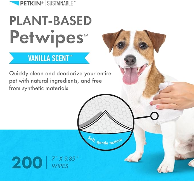 Petkin Plant-Based PetWipes, 200 Wipes - Biobased, Sustainable, Big & Thick Pet Wipes for Dogs & Cats - for Face, Paws, Ears, Body & Eye Area - Consciously Cleans & Conditions - Vanilla