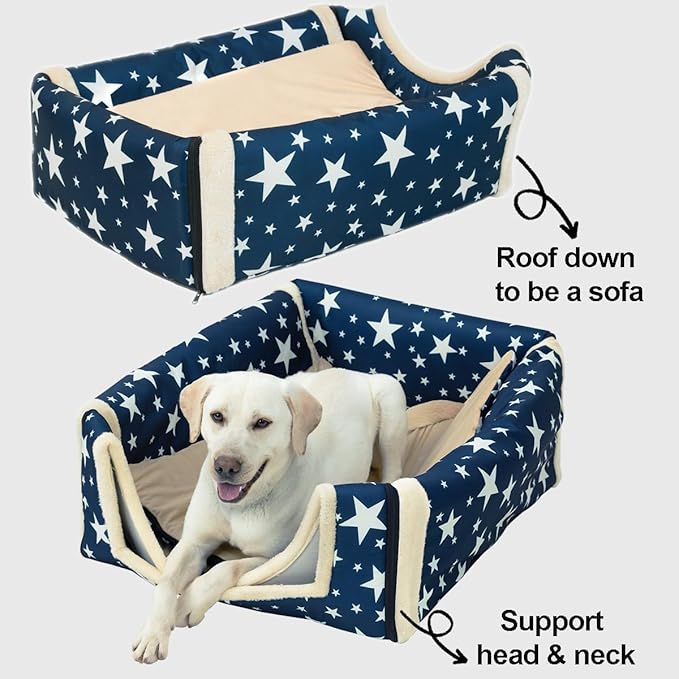 ANPPEX Large Igloo Dog House Indoor,2XL Size Dog Cave for Large and Medium Dogs,2-in-1 Washable Covered Dog Bed,Blue