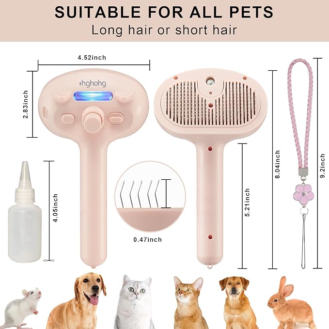 Pet Steam Hair Comb Brush for Shedding, 4 In 1 Spray Brush for Long & Short Haired Cat&Dog, Self-Cleaning Hair Remover with Water Tank And LED Blue Light, Release Button(Pink)