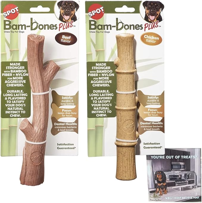 SPOT Bambones Bamboo Plus Bamboo Stick 2 Pack Bundle – Easy Grip Durable Dog Chew Toy for Aggressive Chewers & Puppies –A Non Splintering Alternative to Real Wood - Large