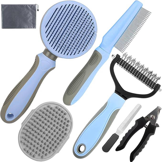 Dog Brush for Shedding,7 PCS Dog Grooming Brush Kit to De-fur,Dog Hair Slicker Deshedding Brush with Undercoat Rake Comb Bath Brush&Nail Clipper for Grooming Short Long Haired Dogs Cats Blue