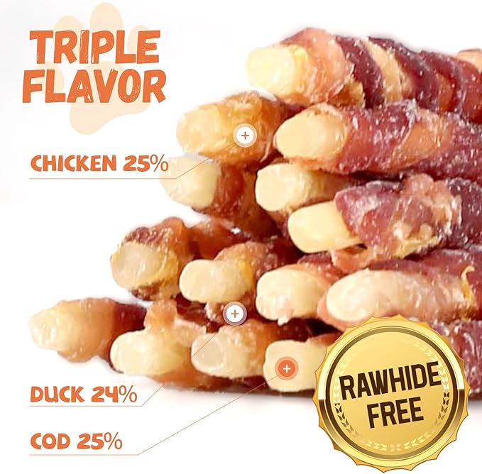Chicken Duck Wrapped Cod Sticks for Dogs, Grain-Free Rawhide-Free Natural Dog Treats Training Rewards Snacks Dog Soft Chews Treats 15-17 Counts