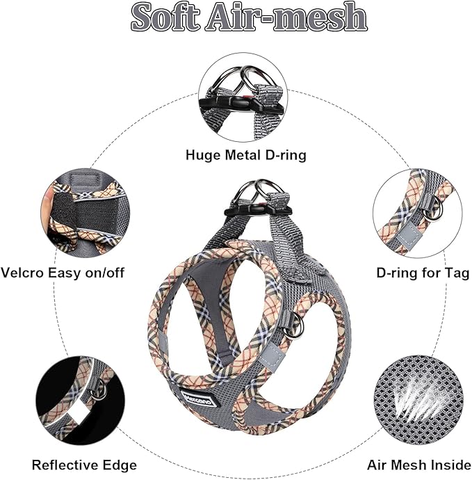 Mercano Soft Mesh Dog Harness and Leash Set, No-Chock Step-in Reflective Breathable Lightweight Easy Walk Escape Proof Vest Harnesses with Safety Buckle for Small Medium Dogs, Cats (Grey, XL)