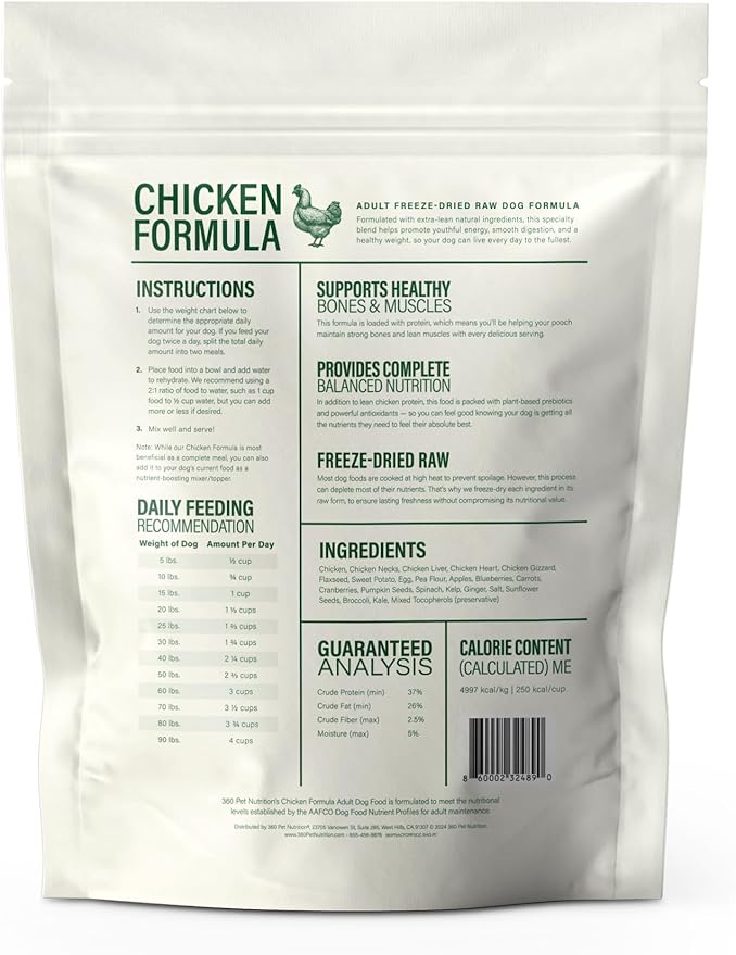 360 Pet Nutrition Raw Freeze-Dried Dog Food, High Protein, Balanced Meal, Chicken, Liver, Heart, Fruit, Veggies, Superfoods, No Fillers, 5 oz Food/Bites/Kibble (Chicken) Trial Size