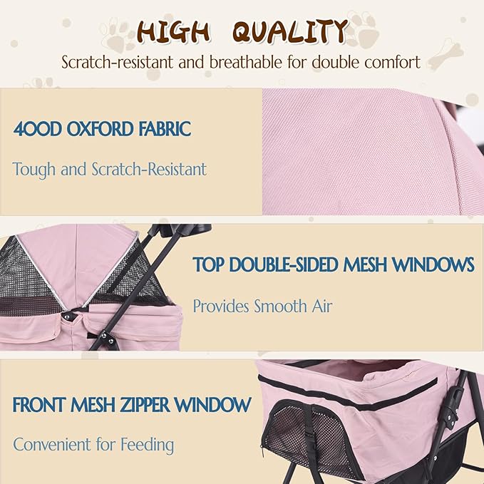 3 in 1 Dog Stroller, 4 Wheels Pet Stroller Dog Cat Stroller for Medium Small Dog Cats Up to 50lbs, Foldable Carrier Jogger Travel Puppy Stroller with Cup Holder & Breathable Mesh, Pink