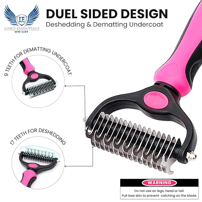 Pet Comb Stainless Steel Double-Sided Shedding Demitting Cat Dog Rake Pet Brush With Stainless Steel Dog Tag, Paw Pet Stainless (Pink)