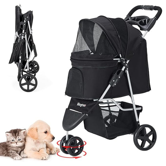 Pet Stroller, Cat Dog Stroller with Storage Basket Foldable Lightweight Dog Carrier Trolley Jogging Stroller, 3 Wheel, Balck