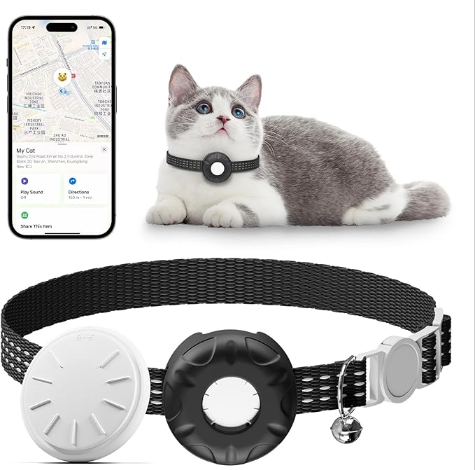 Pet Tracker for Cats, Compatible with Apple Find My App (Only iOS), Cat Tracker Collar with Safety Elastic Buckle, Cat GPS Tracker Works with Any Collar, No Monthly Fee, Waterproof, Black