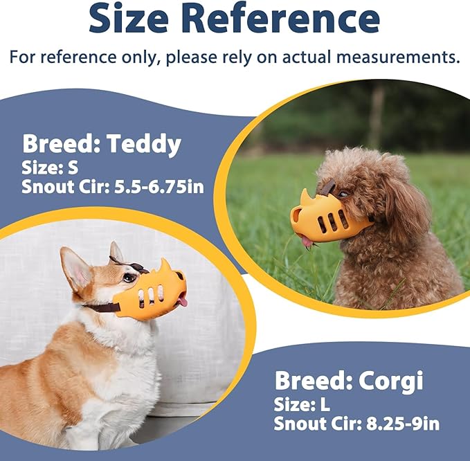 LUCKYPAW Dog Muzzle Soft Muzzle for Small Medium Dog Poodle Dachshund Breathable Silicone Cage Muzzle for Biting Chewing Funny Rhino Muzzle with Adjustable Strap (Yellow, L-(Snout Cir:8.25-9in)