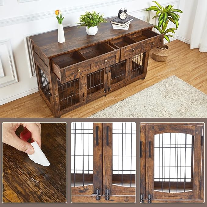 Large Dog Crate Furniture, Double Dog Kennel Furniture with 2 Drawers and Removable Divider, XXL Heavy Duty Wood Dog Crate Table for 2 Dogs Indoor (Rustic Brown, 58in)