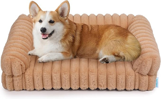 Thick Orthopedic Cat Sofa for Large Cats, Waterproof Supportive Foam Dog Sofa Bed with Washable Cover, Faux Fur Comfy Bolster Couch Pet Beds with Nonskid Bottom (Brown, 30"x22")