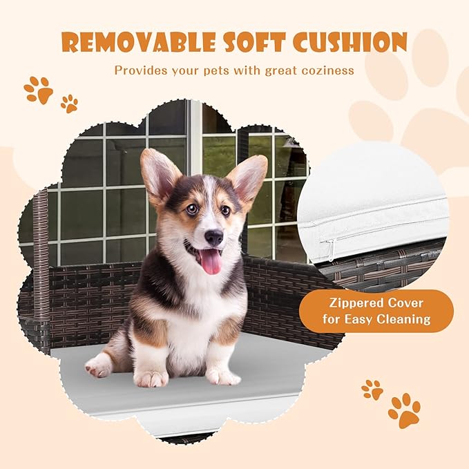 Giantex Wicker Dog House, Raised Rattan Dog Bed with Waterproof Roof, Washable Cushion Cover, Steel Frame, Indoor Outdoor Elevated Dog Bed Pet House for Small Medium Dogs Cats, Easy Assembly