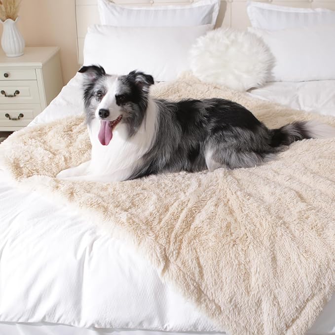 gogobunny Waterproof Plush Long Faux Fur Pet Throw Blanket Ultra Soft Fluffy Bed Couch Cover Washable - Premium Flannel Calming Blankets for Dog Puppy Cat (33x77 Inch (Pack of 1), Beige)