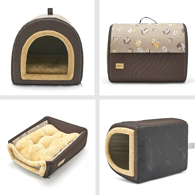 Jiupety Indoor Dog House, 2 in 1 Portable Foldable House Bed with Cover, Pet Tent & Cave Bed for Small Medium Dog, L(24"×18"×18"), Up to 20 Lb, Brown