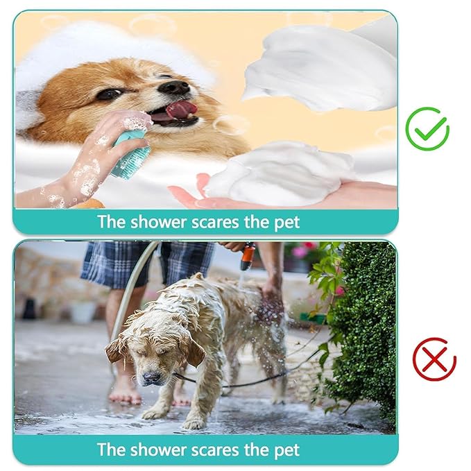 Pet Bath Scrubber Brush, Dog Grooming Massage Shampoo Bath Brush with Soap and Shampoo Dispenser Soft Silicone Bristle for Long Short Haired Dogs Cats Shower (Yellow)