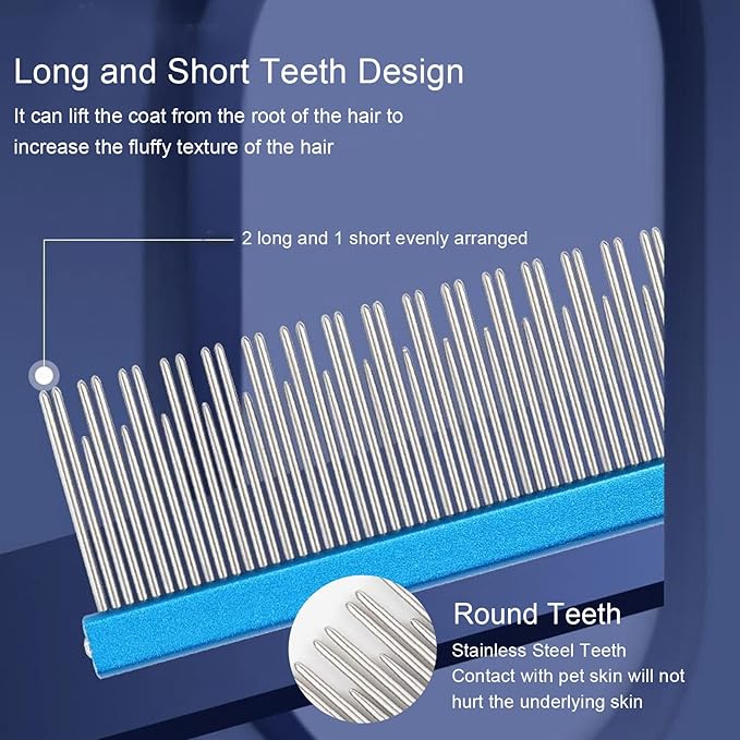 Round tooth metal dog comb is used for pet hair comb of dogs and cats to remove hair knots and entanglement. Professional pet hair comb styling comb(blue)