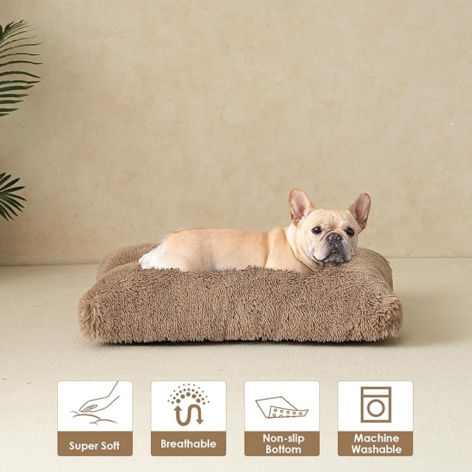 EHEYCIGA Fluffy Dog Crate Bed for Medium Dogs, Plush Faux Fur Dog Crate Pad, Calming Anti Anxiety Medium Dog Bed for Crate, Washable Soft Warm Dog Crate Mat with Non-Slip Bottom, Camel