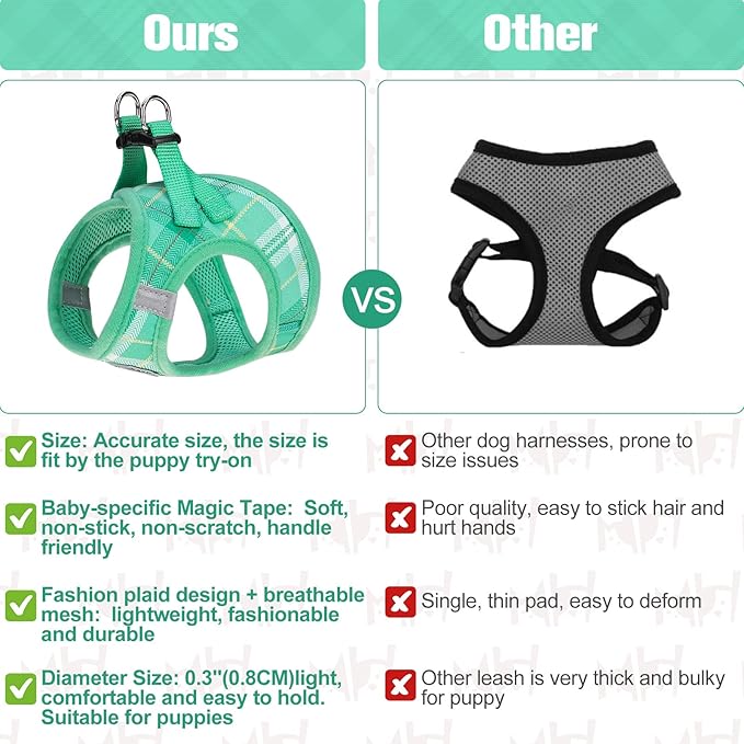 BEAUTYZOO Small Dog Harness and Leash Set,Step in No Chock No Pull Soft Mesh Dog Harnesses Reflective for Extra-Small/Small Medium Puppy Dogs and Cats, Plaid Dog Vest Harness for XS S Pets, Teal XS