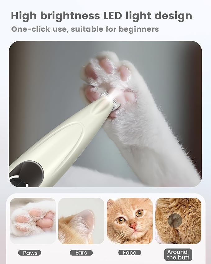 Upgrade Sharper Dog Paw Trimmer with LED Light, Low Noise Paw Trimmer for Dogs, Cordless Type-C Rechargeable Dog Clippers for Grooming Paws, Ears, Face, Rump