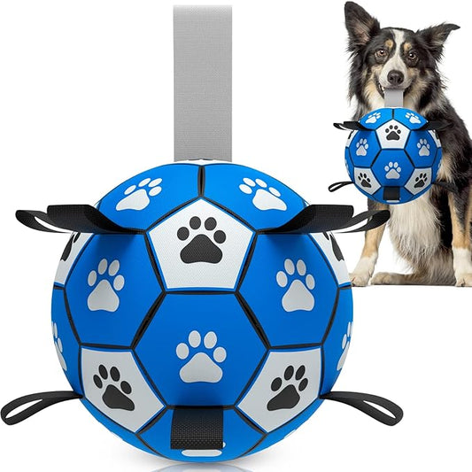 QDAN Dog Ropes Toys Soccer Ball with Straps, Interactive Dog Toys for Tug of War, Puppy Birthday Gifts, Dog Tug Toy, Dog Water Toy, Durable Dog Balls for Medium & Large Dogs-Blue&Grey(8 Inch)