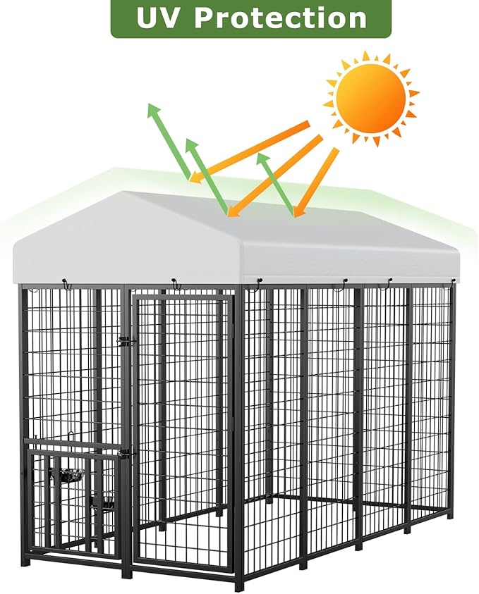 ROOMTEC Large Dog Kennel Outdoor Pet Pens Dogs Run Enclosure Animal Hutch Metal Coop Fence with Roof Cover (8'L x 4'W x 5.6'H)