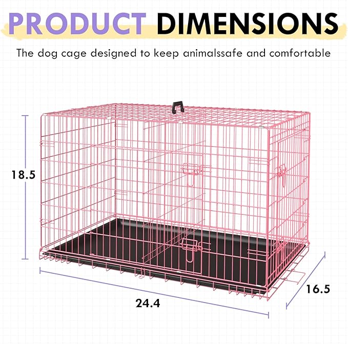 PayLessHere Large Dog Crate Kennel for Medium Large Dogs 24 inches Metal Dog Cage Double-Door Folding Travel Indoor Outdoor Puppy Playpen with Divider and Handle Plastic Tray,Pink