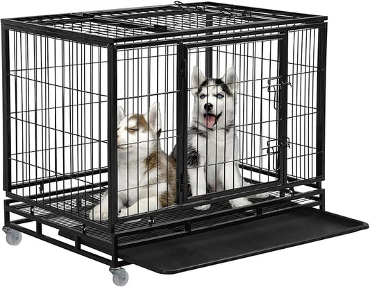 FDW Dog Crate Dog Cage Dog Kennel for Large Dogs Heavy Duty 36 Inches Pet Playpen for Training Indoor Outdoor with Plastic Tray Double Doors & Locks Design