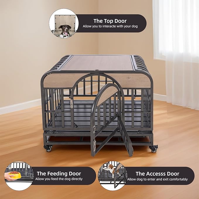 NicBex 46 Inch Heavy Duty Dog Crate Strong Metal Pet Kennel Playpen and Crate with Removable Trays and Wheels,Furniture Style Dog Crate for Medium/Large Dogs,Natural