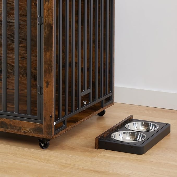 Furniture Dog Crate with Pull-Out Bowls, Wood Dog Kennel End Table with Wheels & Flip-Top, Indoor Pet House for Small to Medium Dogs/Cats, Simple Assembly Brown 43.7" W x 30" D x 33.7" H