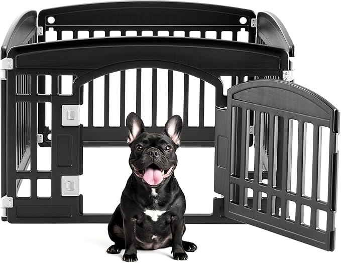 Plastic Dog Playpen | 4-Panel 24" Safe & Secure Indoor/Outdoor Pet Fence | Folding & Portable | Ideal for Small Dogs | Easy to Clean (Black)
