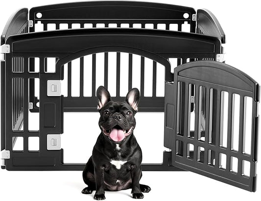 Plastic Dog Playpen | 4-Panel 24" Safe & Secure Indoor/Outdoor Pet Fence | Folding & Portable | Ideal for Small Dogs | Easy to Clean (Black)