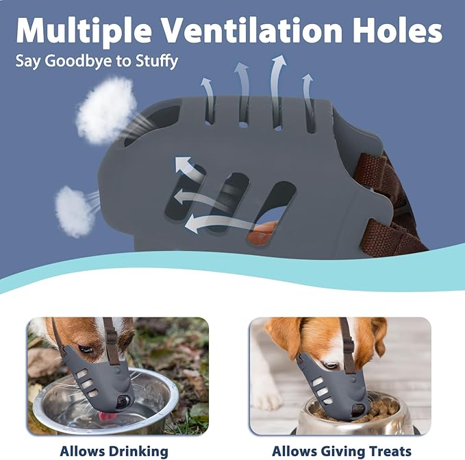 LUCKYPAW Dog Muzzle, Soft Muzzle for Small Medium Dogs Poodle Dachshund, Breathable Silicone Cage Mouth Cover to Prevent Biting Chewing, Funny Rhino Shaped Muzzle with Adjustable Head Strap(Grey,XL)