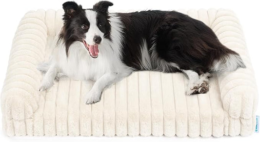 Thick Orthopedic Dog Bed for Large Dogs, Waterproof Supportive Foam Dog Sofa with Washable Cover, Faux Fur Comfy Bolster Couch Pet Beds with Nonskid Bottom (Beige, 36"x27")