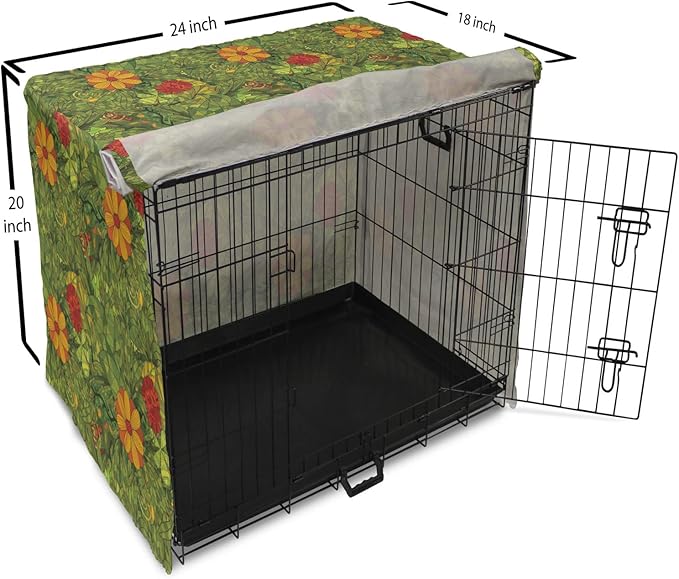 Ambesonne Floral Dog Crate Cover, Funky Flower Foliage Bush with Fractal Retro Jungle Art Design, Easy to Use Pet Kennel Cover for Cats & Medium Dogs, 24 Inch, Olive Green