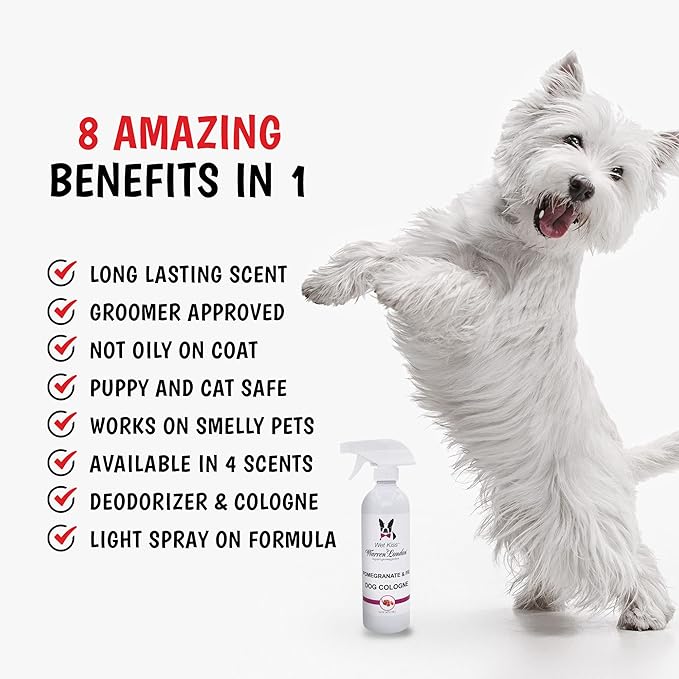 Warren London - Wet Kiss Dog Cologne, Long Lasting Dog Spray, Dog Deodorant to Remove Odor from Stinky Dogs, Pomegranate & Fig, 16 Ounce Bottle