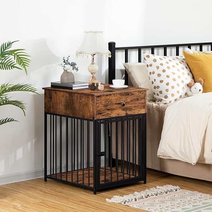 HOOBRO Dog Crate Furniture, Wooden Dog House, Decorative Dog Kennel with Drawer, Indoor Pet Crate End Table for Small Dog, Steel-Tube Puppy Cage, Chew-Proof, Rustic Brown and Black BF01GW03