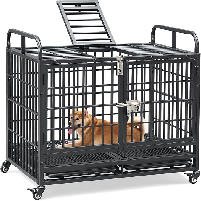 Lauren&Harold 42 Inch Heavy Duty Dog Crate Furniture for Medium/Large Dogs, Metal Dog Kennel Indoor with Top Door&Feed Door, Medium Dog Cage with Removable Tray&Wheels, Furniture Dog crates Pet House