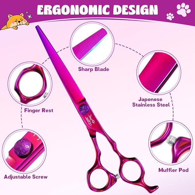 JASON Dog Grooming Scissors Set - Professional 6 in 1 Dog Shears Set - 7" Curved Chunker, 7" Straight, 7" Up-Curved, 7" Down-curved Scissors and Comb for Dog Cat Pet with Adjustable Screw