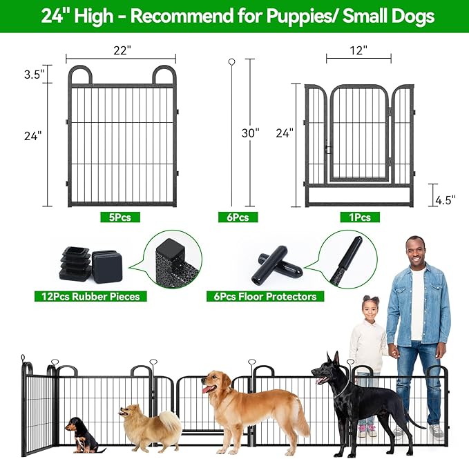 Puppy Playpen 6 Panels Small Dog Fence Outdoor Indoor Use 24" Height Anti-Rust with Doors Portable Dog Play Pen for RV Camping Yard, Total 11FT, 10 Sq.ft, Snowy Black
